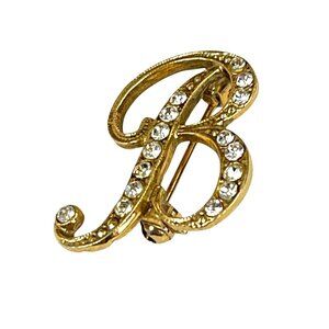 Gold-Tone "B" Initial Brooch Pin With Rhinestone Accents Textured Design